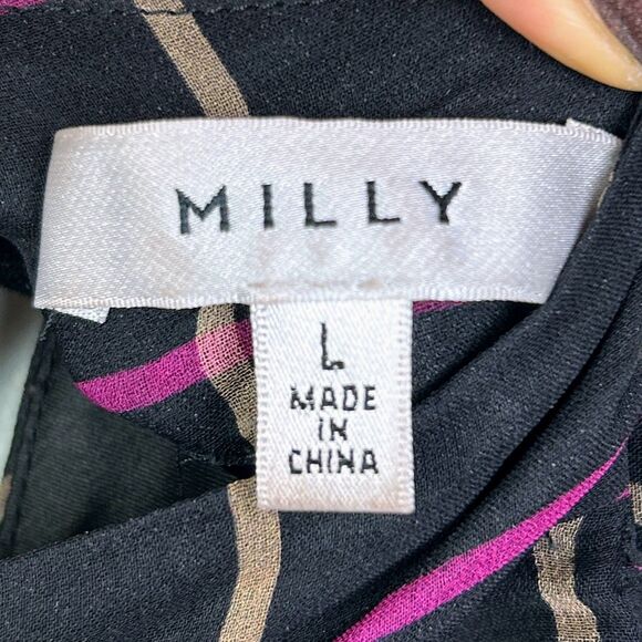 Milly Sioane Windowpane Print Silk Chiffon Top Black Pink Blouse Sheer Sleeves L - Picture 15 of 16